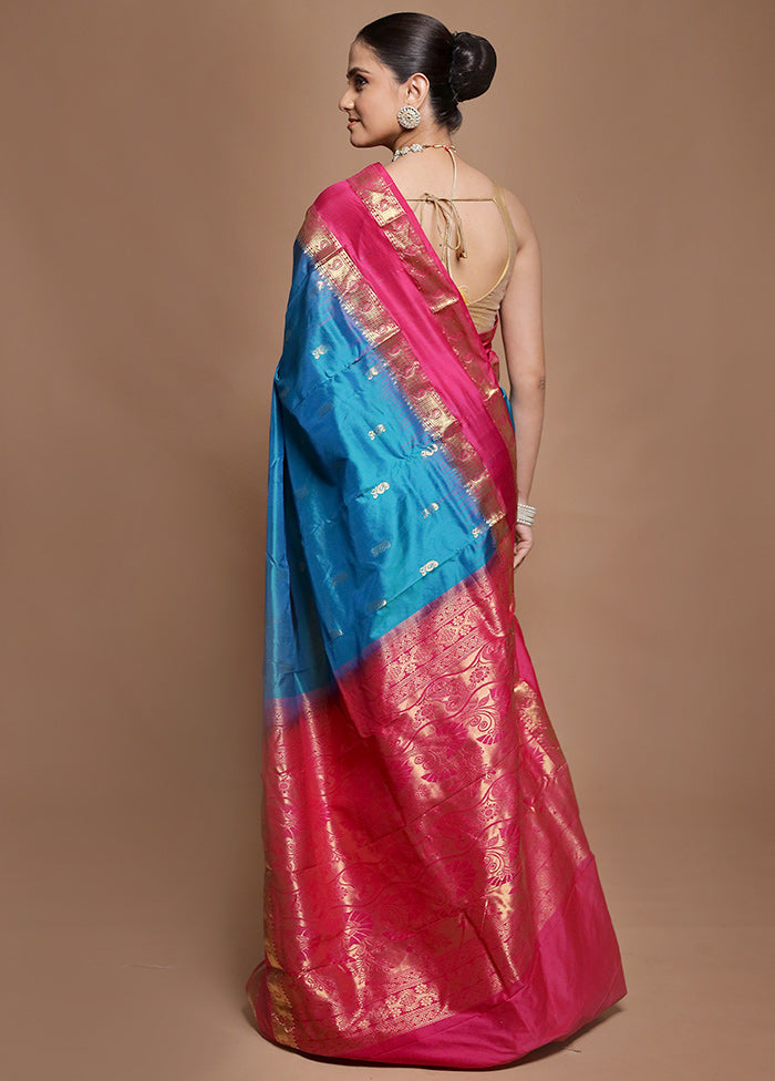 Blue Handloom Kanjivaram Pure Silk Saree With Blouse Piece