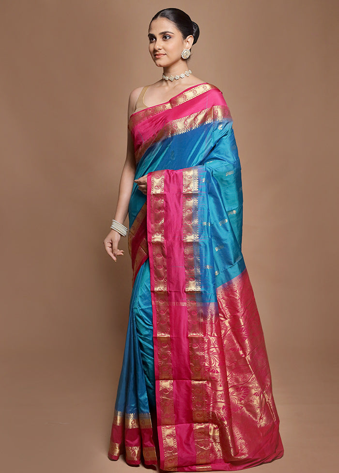 Blue Handloom Kanjivaram Pure Silk Saree With Blouse Piece