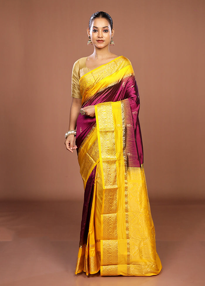 Purple Handloom Kanjivaram Pure Silk Saree With Blouse Piece