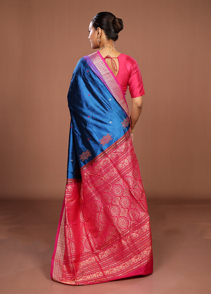 Blue Handloom Bomkai Pure Silk Saree With Blouse Piece