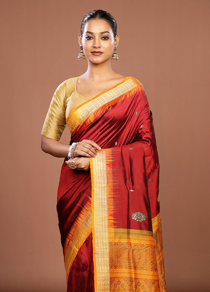 Maroon Handloom Bomkai Pure Silk Saree With Blouse Piece
