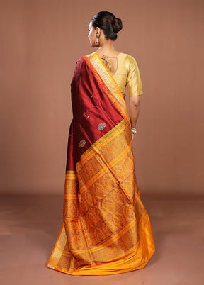 Maroon Handloom Bomkai Pure Silk Saree With Blouse Piece