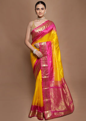 Yellow Handloom Kanjivaram Pure Silk Saree With Blouse Piece