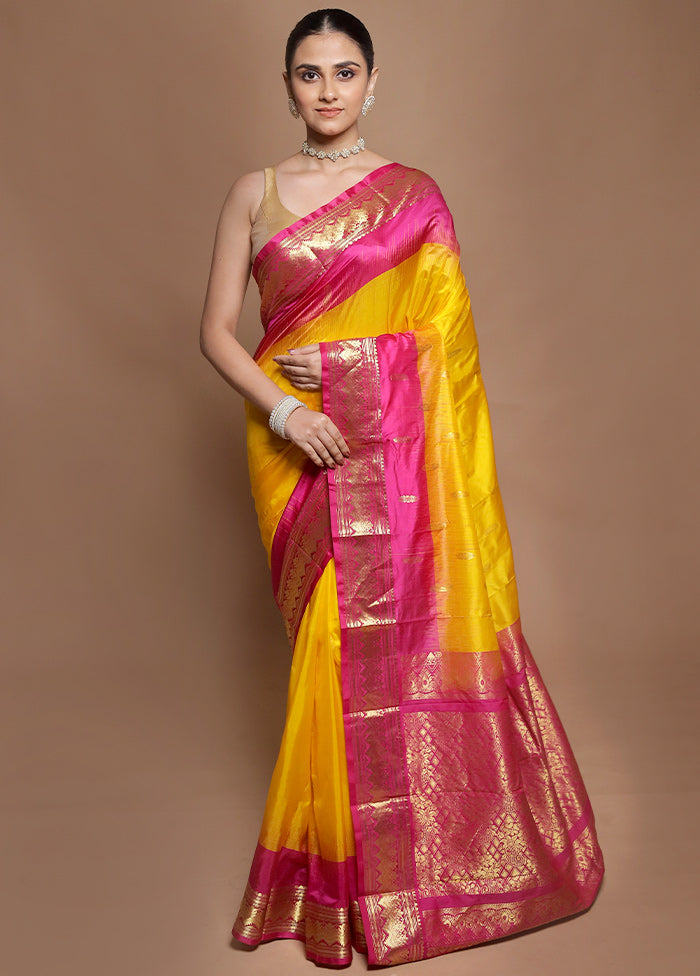 Yellow Handloom Kanjivaram Pure Silk Saree With Blouse Piece