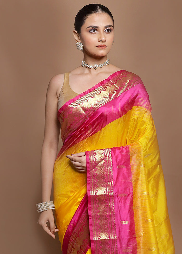 Yellow Handloom Kanjivaram Pure Silk Saree With Blouse Piece