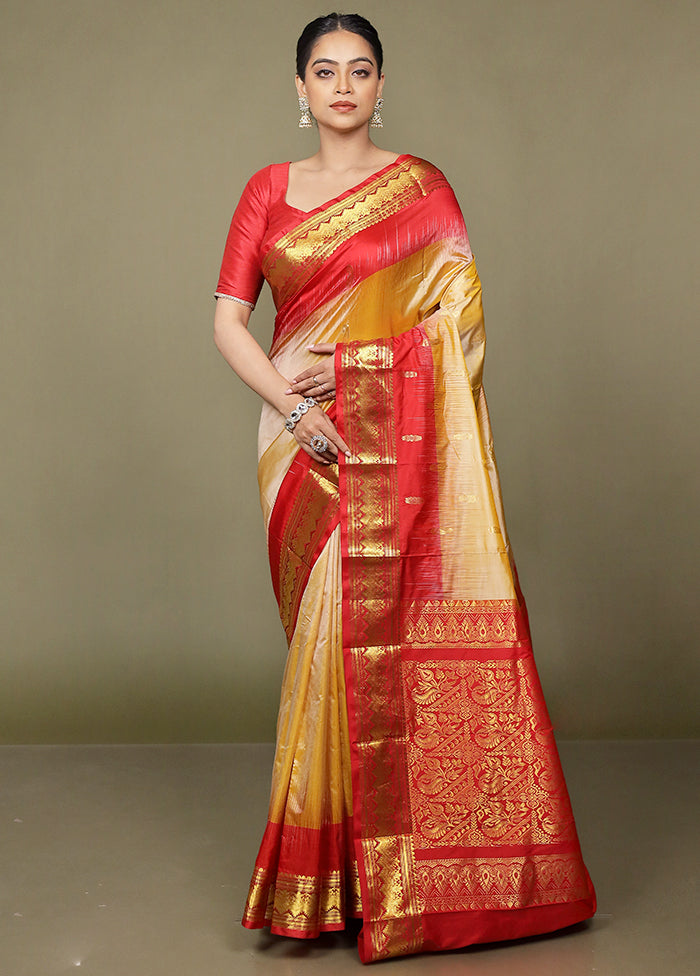 Cream Handloom Kanjivaram Pure Silk Saree With Blouse Piece