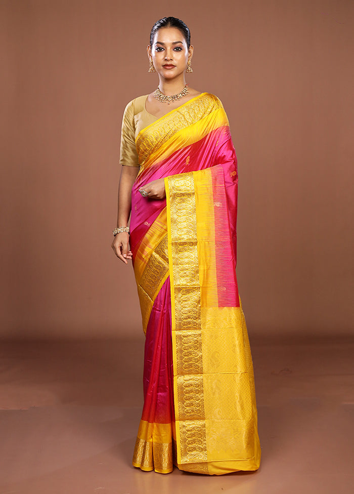 Pink Handloom Kanjivaram Pure Silk Saree With Blouse Piece