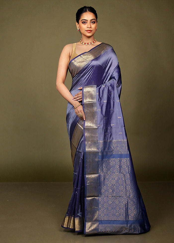 Grey Handloom Kanjivaram Pure Silk Saree With Blouse Piece
