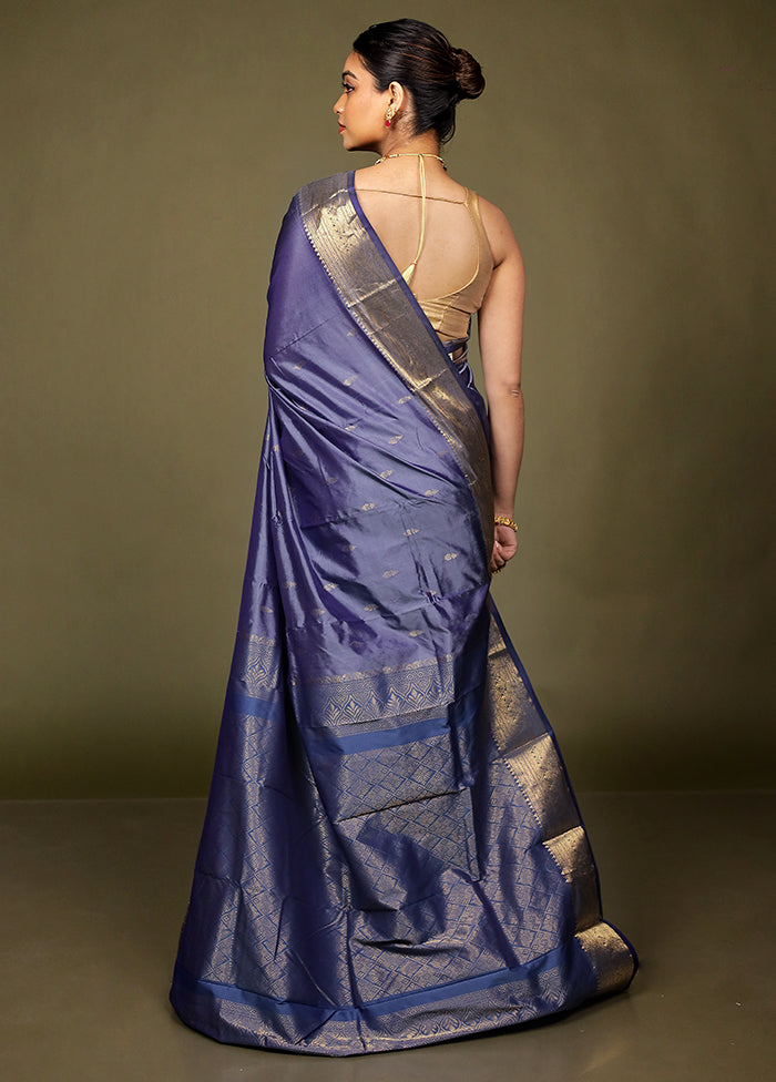 Grey Handloom Kanjivaram Pure Silk Saree With Blouse Piece