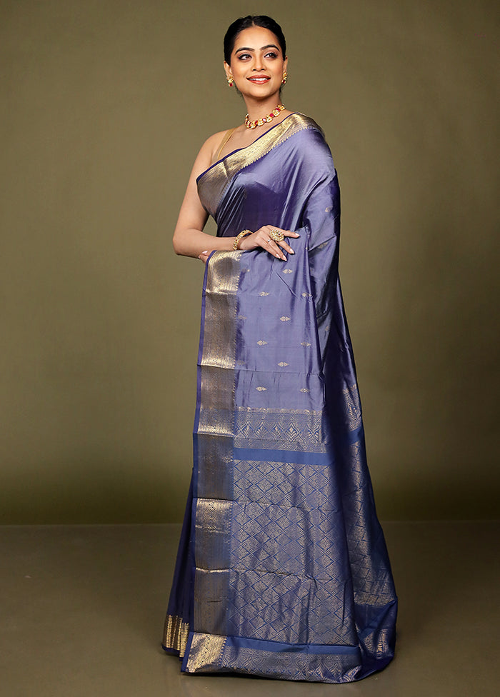 Grey Handloom Kanjivaram Pure Silk Saree With Blouse Piece