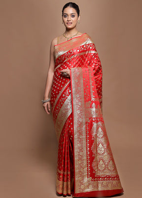 Red Banarasi Silk Saree With Blouse Piece