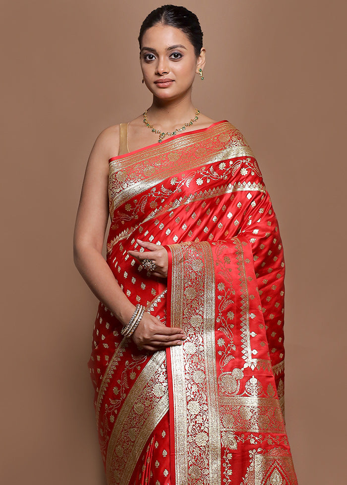 Red Banarasi Silk Saree With Blouse Piece