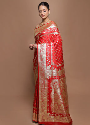 Red Banarasi Silk Saree With Blouse Piece
