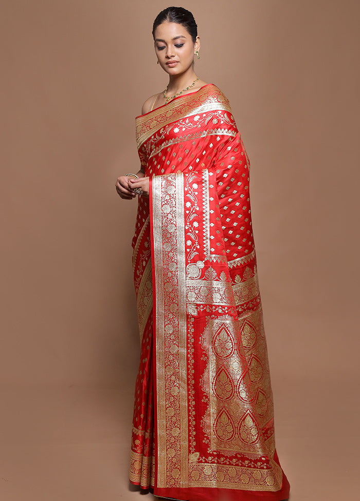 Red Banarasi Silk Saree With Blouse Piece