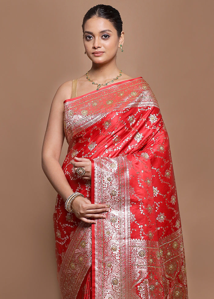 Red Banarasi Silk Saree With Blouse Piece