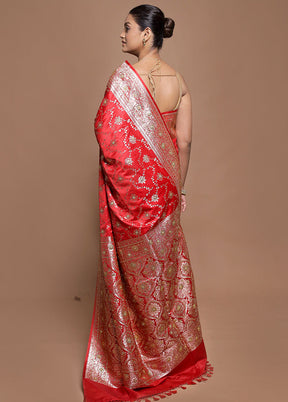 Red Banarasi Silk Saree With Blouse Piece