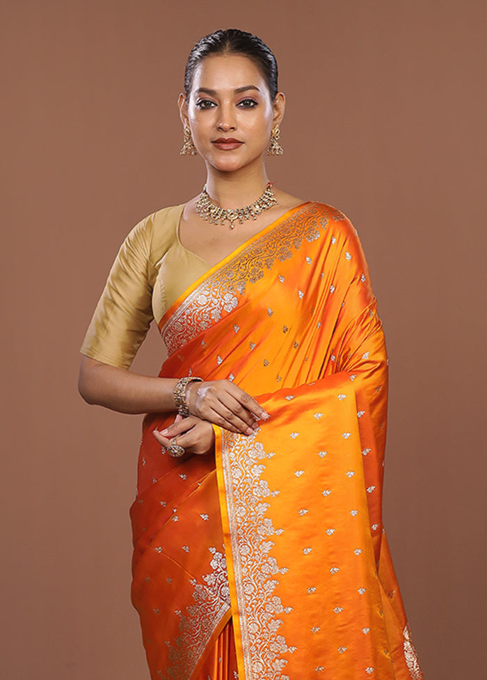 Orange Banarasi Silk Saree With Blouse Piece