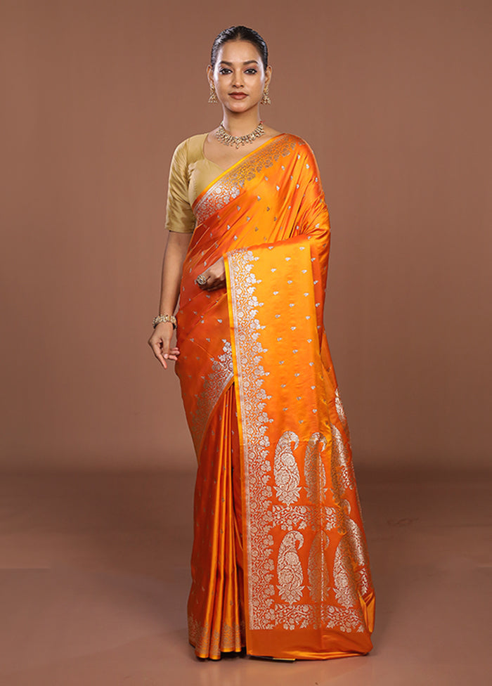 Orange Banarasi Silk Saree With Blouse Piece
