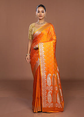 Orange Banarasi Silk Saree With Blouse Piece