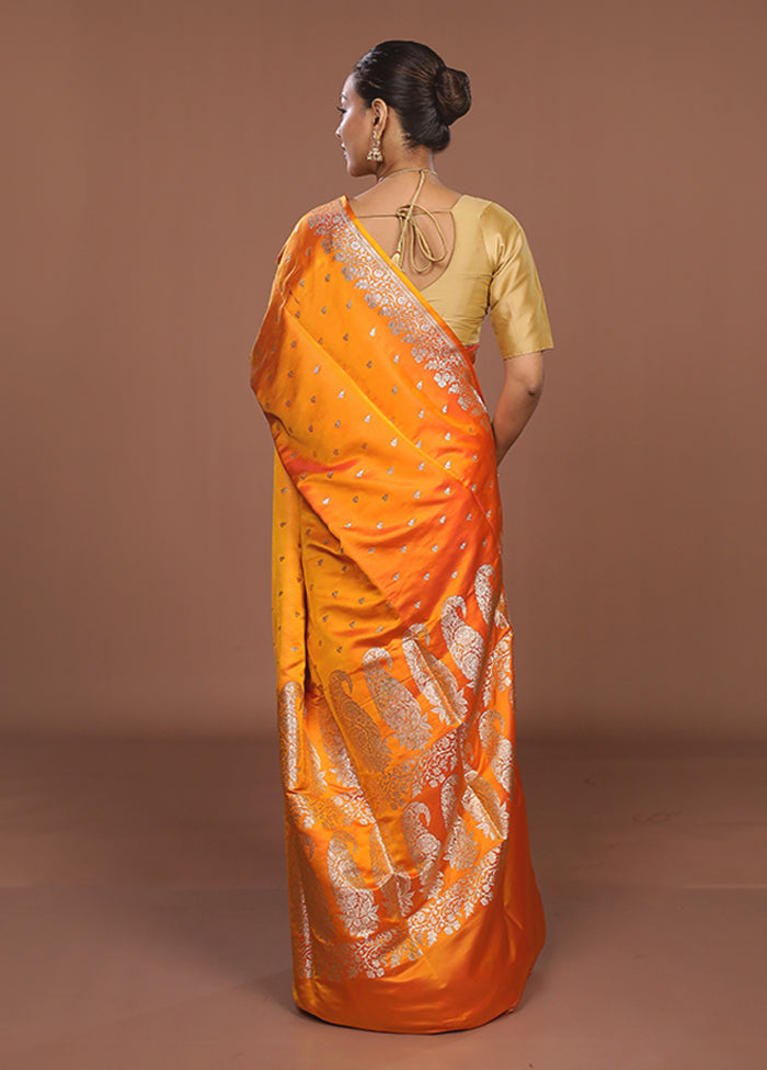Orange Banarasi Silk Saree With Blouse Piece