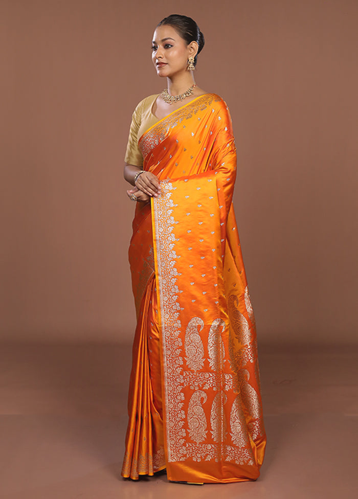 Orange Banarasi Silk Saree With Blouse Piece