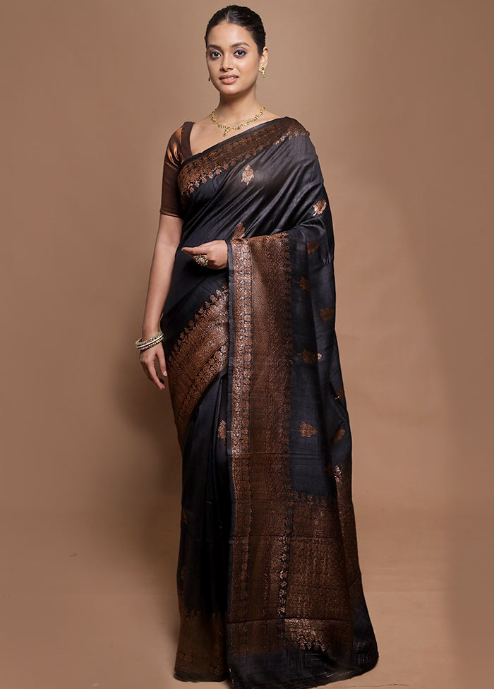 Black Handloom Tussar Pure Silk Saree With Blouse Piece