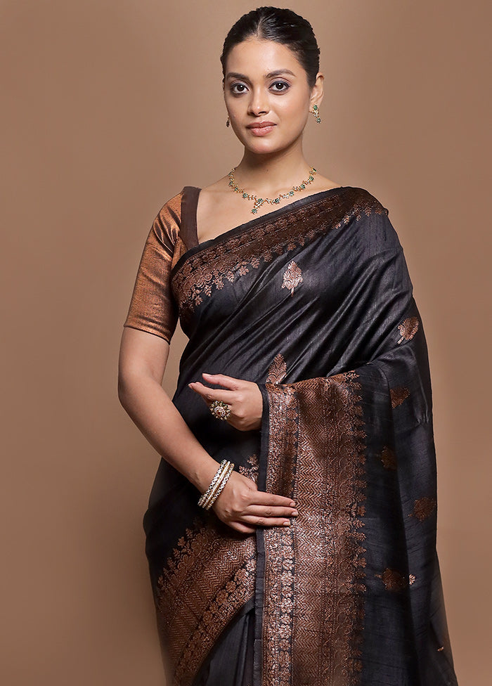 Black Handloom Tussar Pure Silk Saree With Blouse Piece