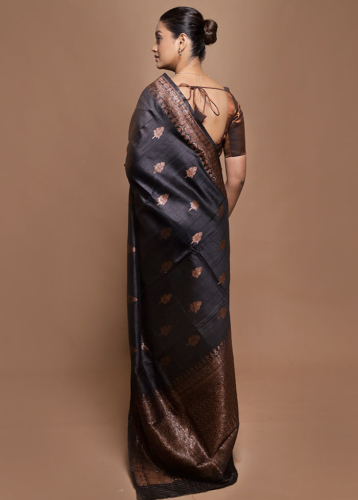 Black Handloom Tussar Pure Silk Saree With Blouse Piece
