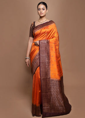 Orange Handloom Tussar Pure Silk Saree With Blouse Piece