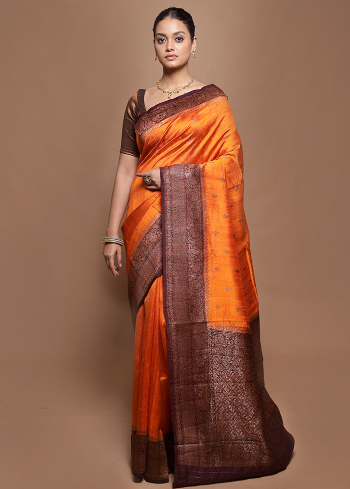 Orange Handloom Tussar Pure Silk Saree With Blouse Piece
