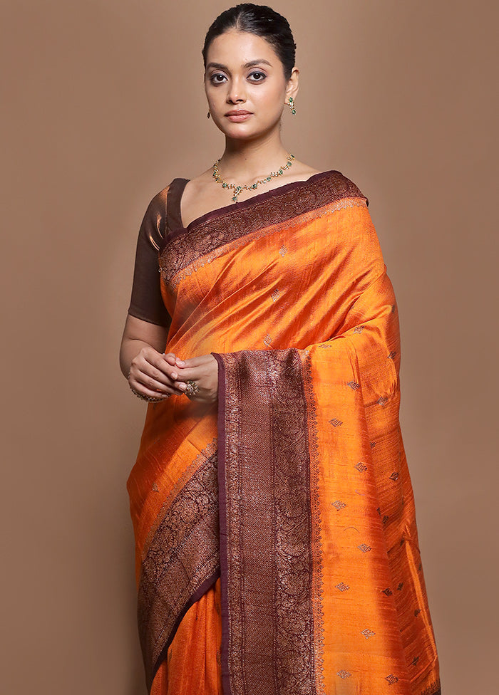Orange Handloom Tussar Pure Silk Saree With Blouse Piece