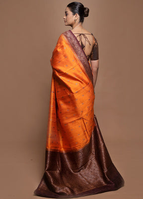 Orange Handloom Tussar Pure Silk Saree With Blouse Piece