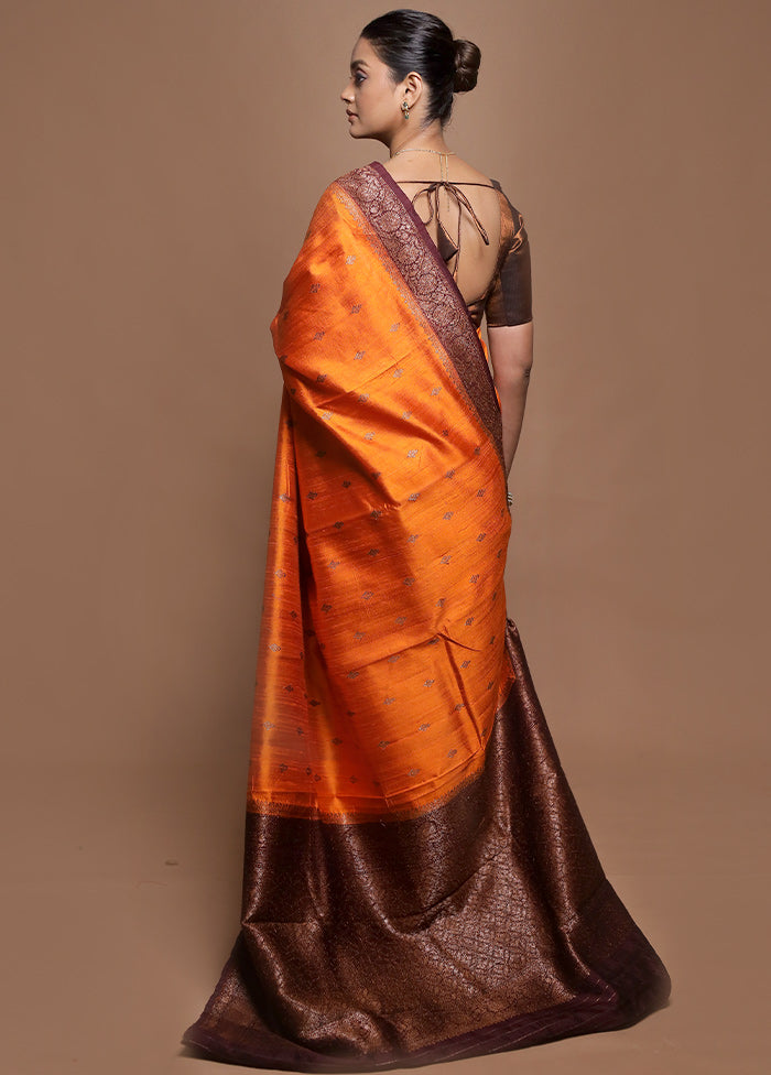 Orange Handloom Tussar Pure Silk Saree With Blouse Piece