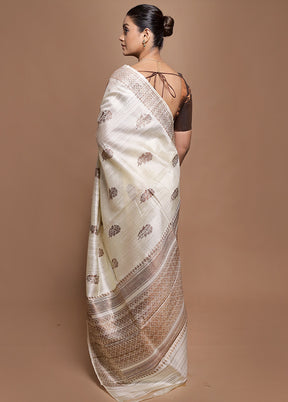 White Handloom Tussar Pure Silk Saree With Blouse Piece
