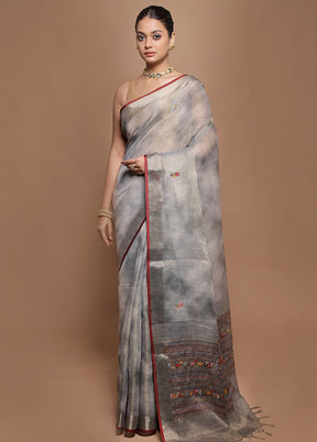Grey Linen Silk Saree With Blouse Piece