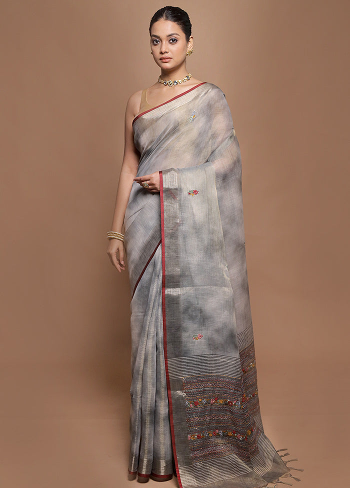Grey Linen Silk Saree With Blouse Piece