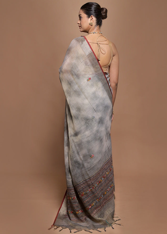 Grey Linen Silk Saree With Blouse Piece