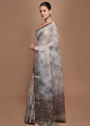 Grey Linen Silk Saree With Blouse Piece