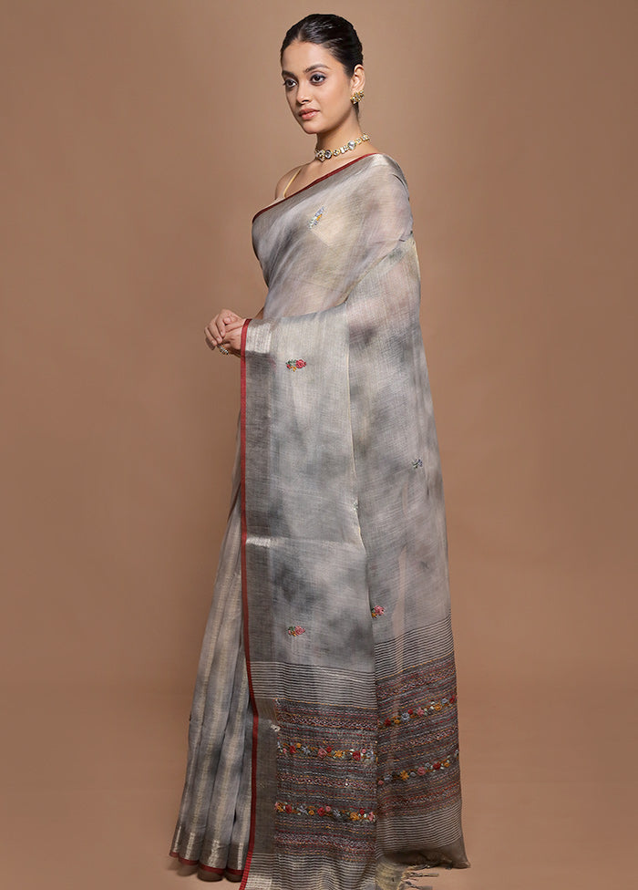 Grey Linen Silk Saree With Blouse Piece