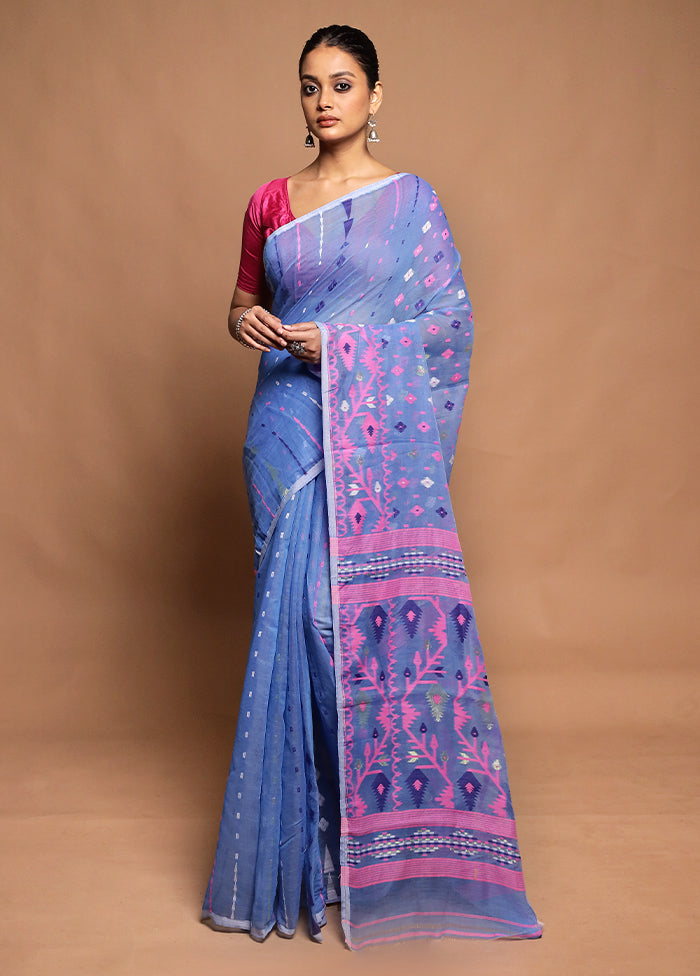 Blue Tant Jamdani Saree Without Blouse Piece