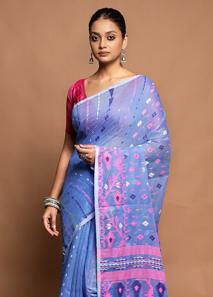 Blue Tant Jamdani Saree Without Blouse Piece