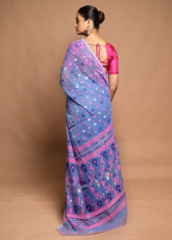 Blue Tant Jamdani Saree Without Blouse Piece