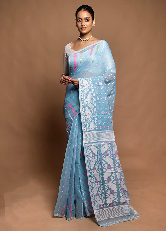 Blue Tant Jamdani Saree Without Blouse Piece