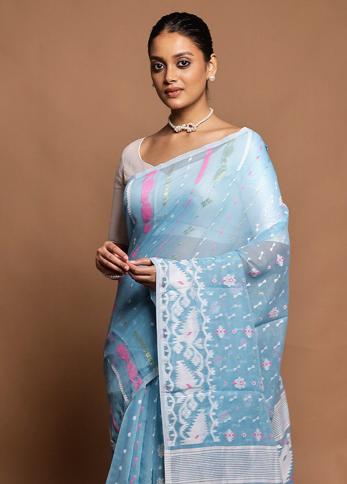 Blue Tant Jamdani Saree Without Blouse Piece
