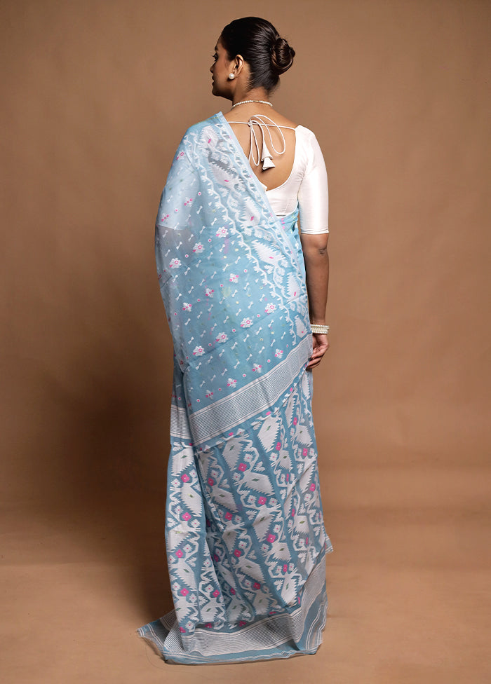 Blue Tant Jamdani Saree Without Blouse Piece