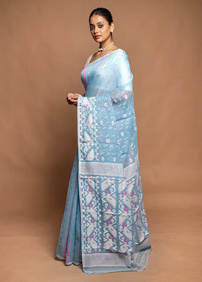 Blue Tant Jamdani Saree Without Blouse Piece
