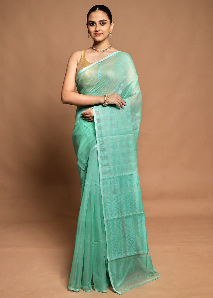 Green Tant Jamdani Saree Without Blouse Piece