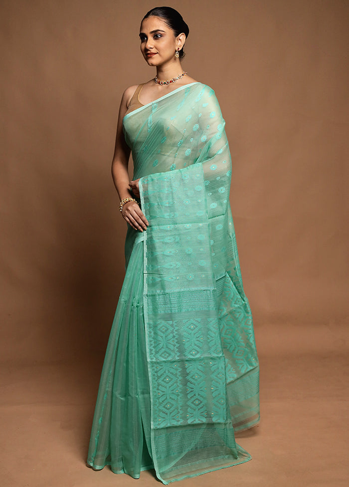 Green Tant Jamdani Saree Without Blouse Piece
