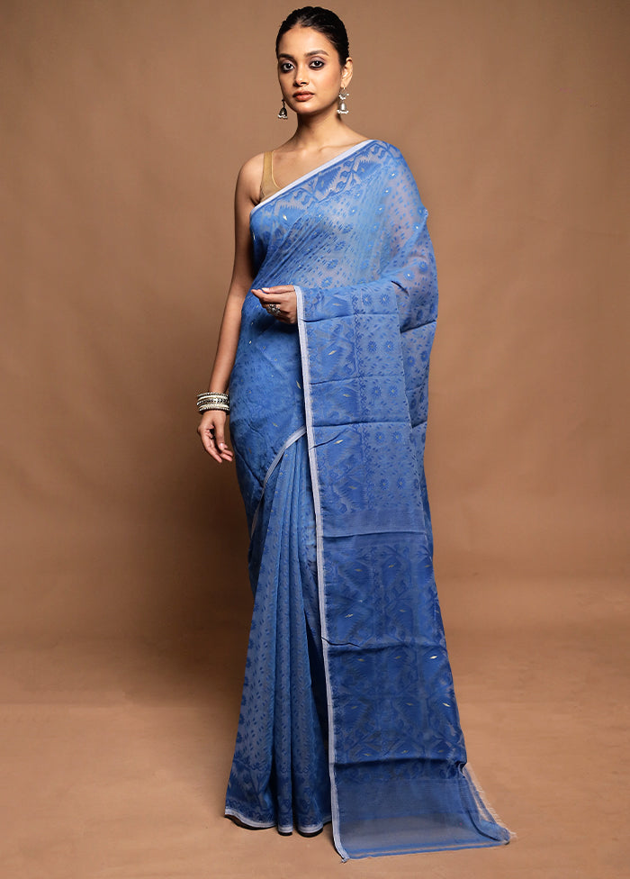 Blue Tant Jamdani Saree Without Blouse Piece