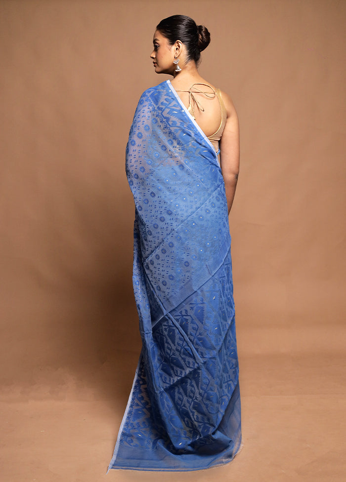 Blue Tant Jamdani Saree Without Blouse Piece